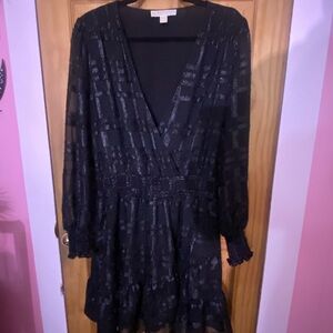 Michael Kors Black Long-Sleeve V-Neck Smocked-Waist Dress with Subtle Shimmer